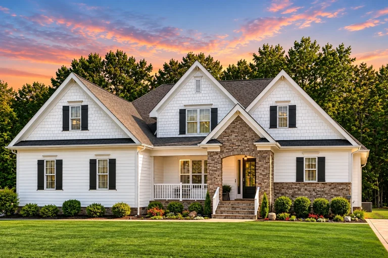 Front elevation of a New American style home with Modern Farmhouse details, horizontal siding, board-and-batten accents, stone entry, and attached two-car garage