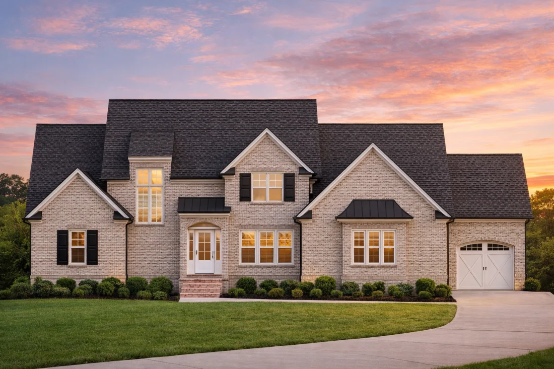 Front elevation of a Modern Farmhouse home with horizontal lap siding, board and batten accents, gabled rooflines, and covered entry porch