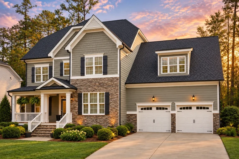 Front elevation of a New American Modern Traditional home featuring stone accents, horizontal siding, covered porch, and attached two-car garage