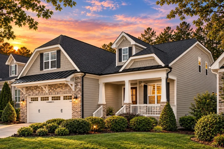 Front elevation of Craftsman Traditional Suburban house with brick exterior, horizontal lap siding, shake gables, and covered porch