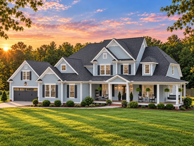 Split Garage House Plans 22 Front elevation of Modern Farmhouse style home with white board and batten siding, black shutters, gabled rooflines, and covered wraparound porch at sunset