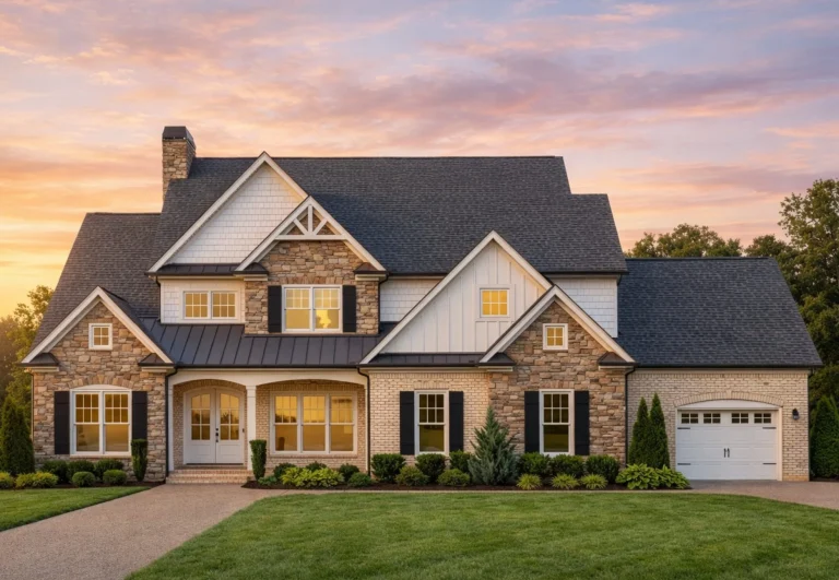 Front view of Traditional Craftsman Farmhouse featuring a blend of brick, stone, and board and batten siding with multi-gable rooflines and a welcoming front porch