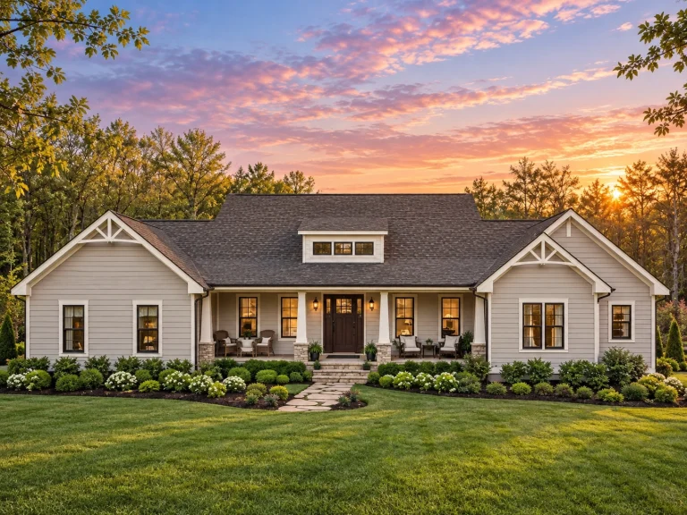 Georgian House Plans 25 Front exterior view of a Cape Cod style home with horizontal siding, gabled roof, symmetrical windows, and a welcoming covered porch