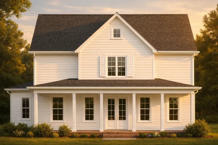 Front elevation of a Colonial style two-story home with white horizontal siding, symmetrical windows, and a full-width covered front porch