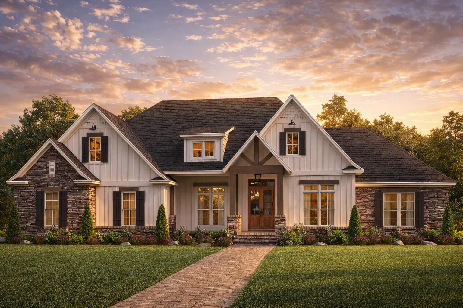 Front elevation of a Modern Farmhouse style home featuring board and batten siding, stone accents, steep gable rooflines, and a welcoming covered entry