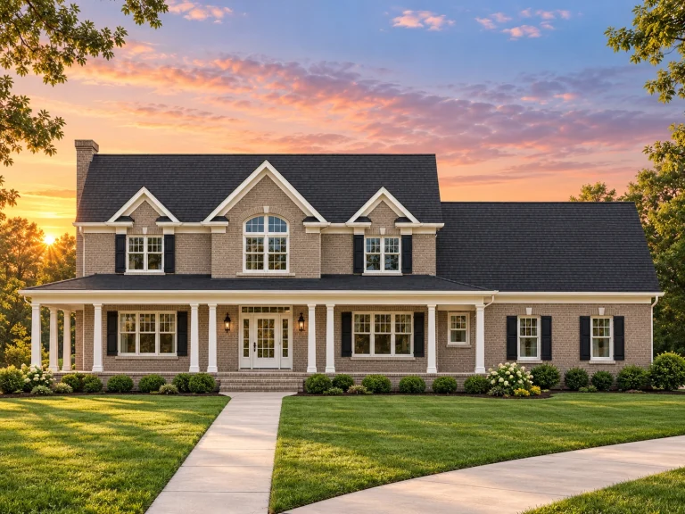 Top Designer-Approved House Plans 18 Front view of a Colonial-style two-story home with white horizontal siding, black shutters, stone accent gable, and covered porch entry