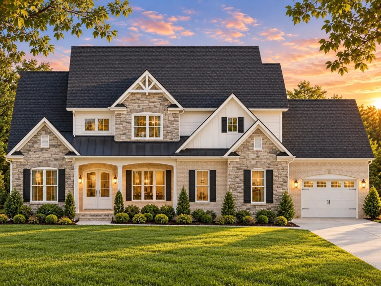 Front view of Traditional Craftsman Farmhouse featuring a blend of brick, stone, and board and batten siding with multi-gable rooflines and a welcoming front porch