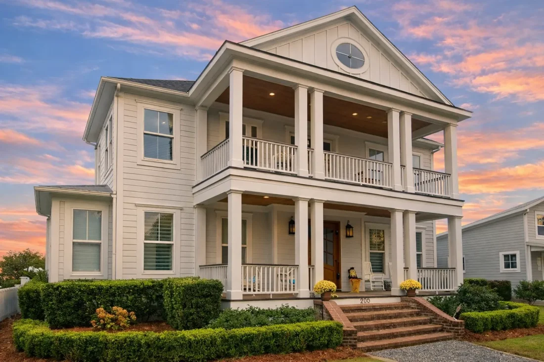 Front elevation of Low Country Charleston style home with symmetrical facade, double stacked porches, and coastal siding exterior
