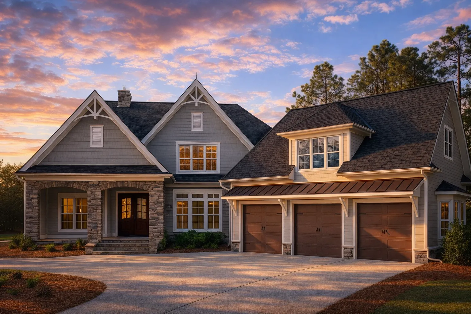 Front elevation of a New American Traditional style home featuring stone accents, board-and-batten siding, multi-gabled rooflines, and a side-entry garage