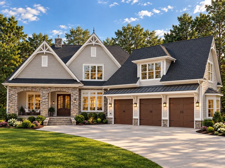 Best-Selling House Plans for Builders 8 Front elevation of a New American Traditional style home featuring stone accents, board-and-batten siding, multi-gabled rooflines, and a side-entry garage