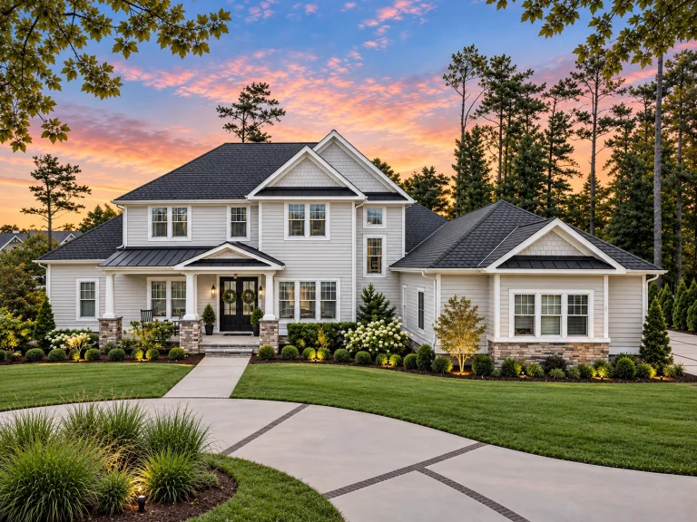 Front elevation of a Traditional Colonial style home with symmetrical design, horizontal siding, board-and-batten accents, and covered entry porch