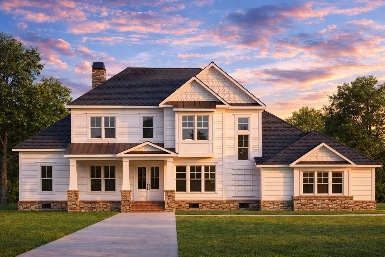 Georgian House Plans 6 Front elevation of a Traditional Colonial style home with symmetrical design, horizontal siding, board-and-batten accents, and covered entry porch