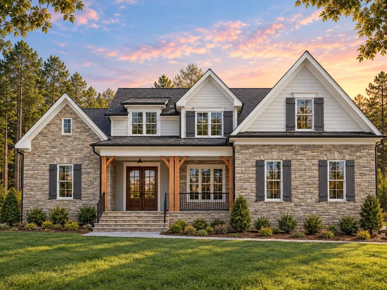 Front elevation of a New American Craftsman style house featuring stone veneer, lap siding, gabled rooflines, and a covered front porch