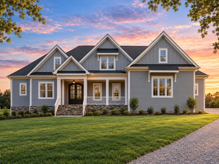 Front elevation of a New American Modern Traditional house with lap siding, board and batten accents, stone porch columns, and symmetrical gabled rooflines