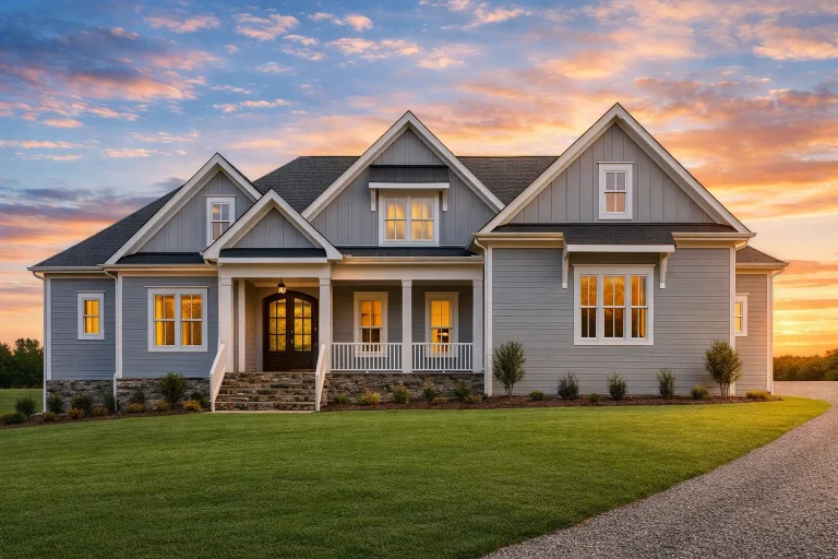Front elevation of a New American Modern Traditional house with lap siding, board and batten accents, stone porch columns, and symmetrical gabled rooflines