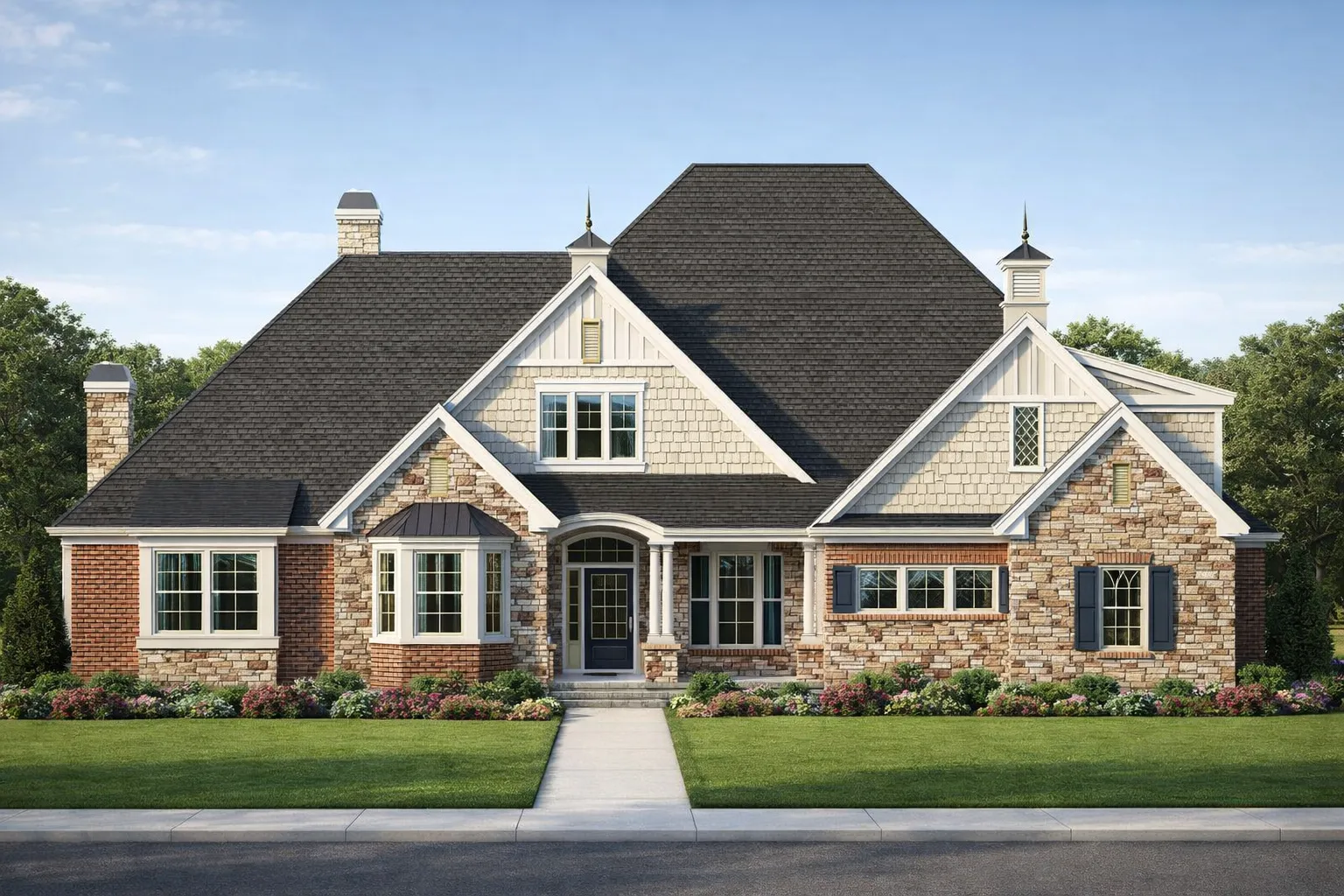 Cabin House Plans 5 Front elevation of a Traditional Shingle Style home featuring stone and brick exterior, steep gabled rooflines, and symmetrical windows