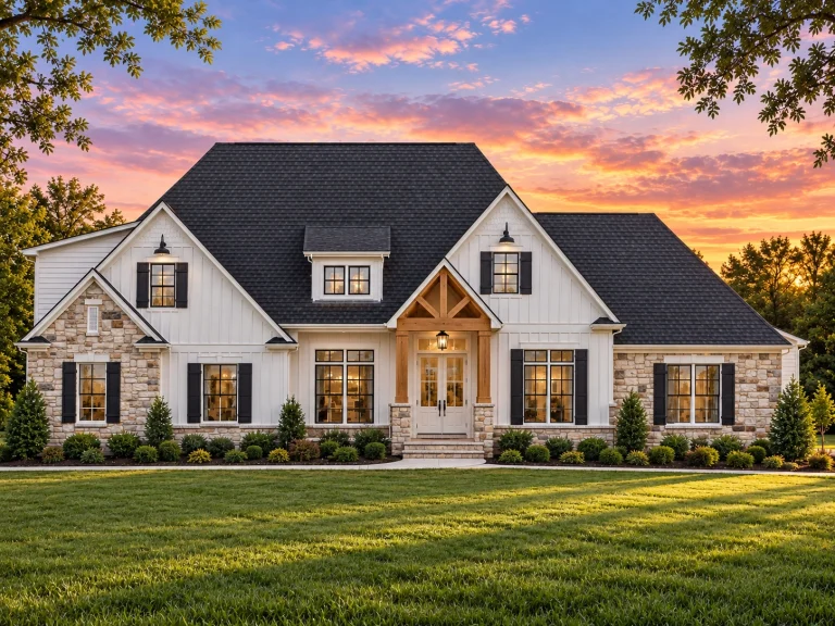 Low Country House Plans 6 Front elevation of a Modern Farmhouse style home featuring board and batten siding, stone accents, steep gable rooflines, and a welcoming covered entry