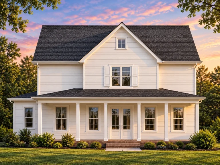 Barndominium House Plans 12 Front elevation of a Colonial style two-story home with white horizontal siding, symmetrical windows, and a full-width covered front porch