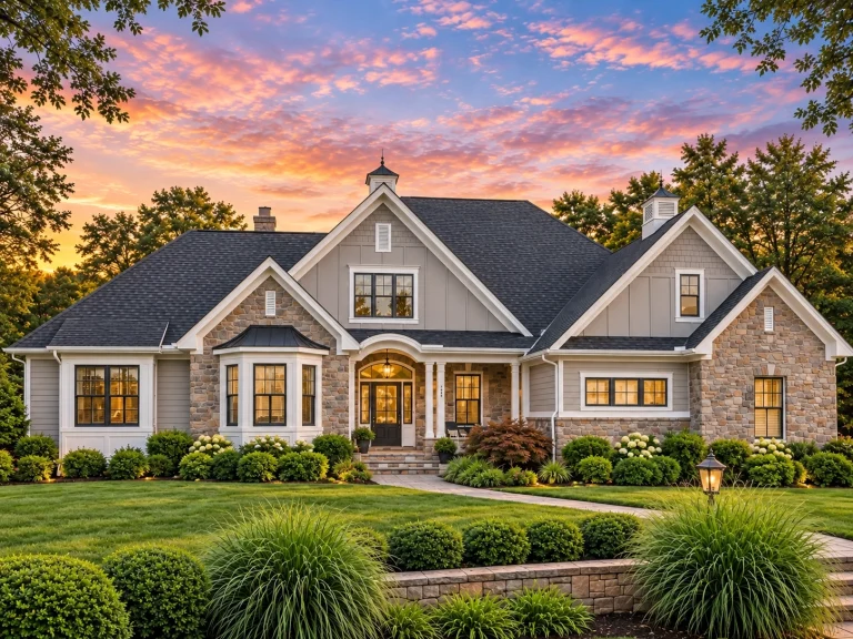 Barndominium House Plans 21 Front elevation of a Traditional Shingle Style home featuring stone and brick exterior, steep gabled rooflines, and symmetrical windows