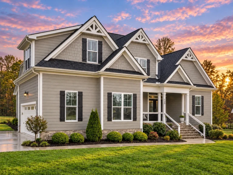 Front elevation of a modern farmhouse style home with board and batten siding, dark gabled roof, black shutters, and inviting front porch