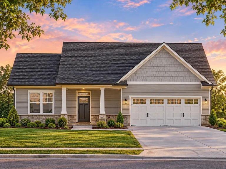 Front elevation of a Transitional Ranch style home featuring horizontal siding, shingle gable accent, and a welcoming entry with attached two-car garage.
