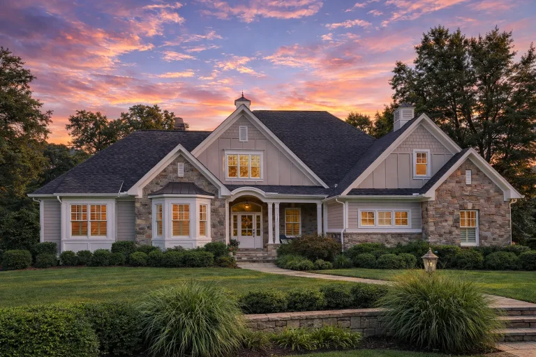 Front elevation of a Traditional Shingle Style home featuring stone and brick exterior, steep gabled rooflines, and symmetrical windows