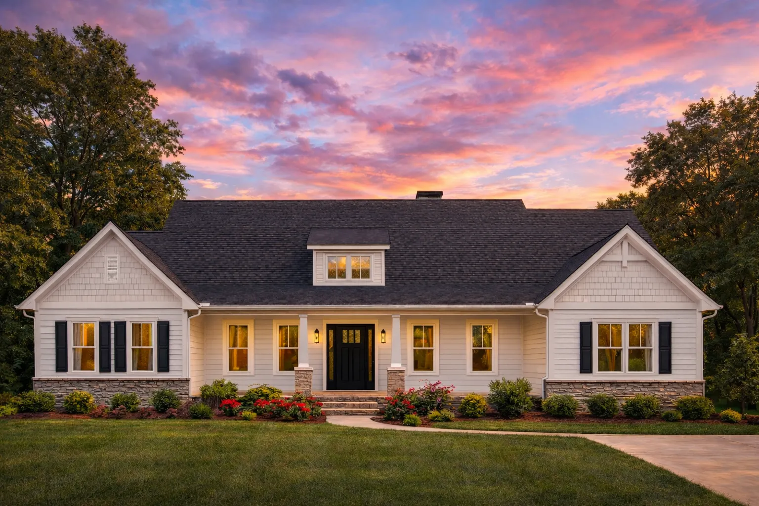 House Plans with Breezeway 5 Front exterior view of a Cape Cod style home with horizontal siding, gabled roof, symmetrical windows, and a welcoming covered porch