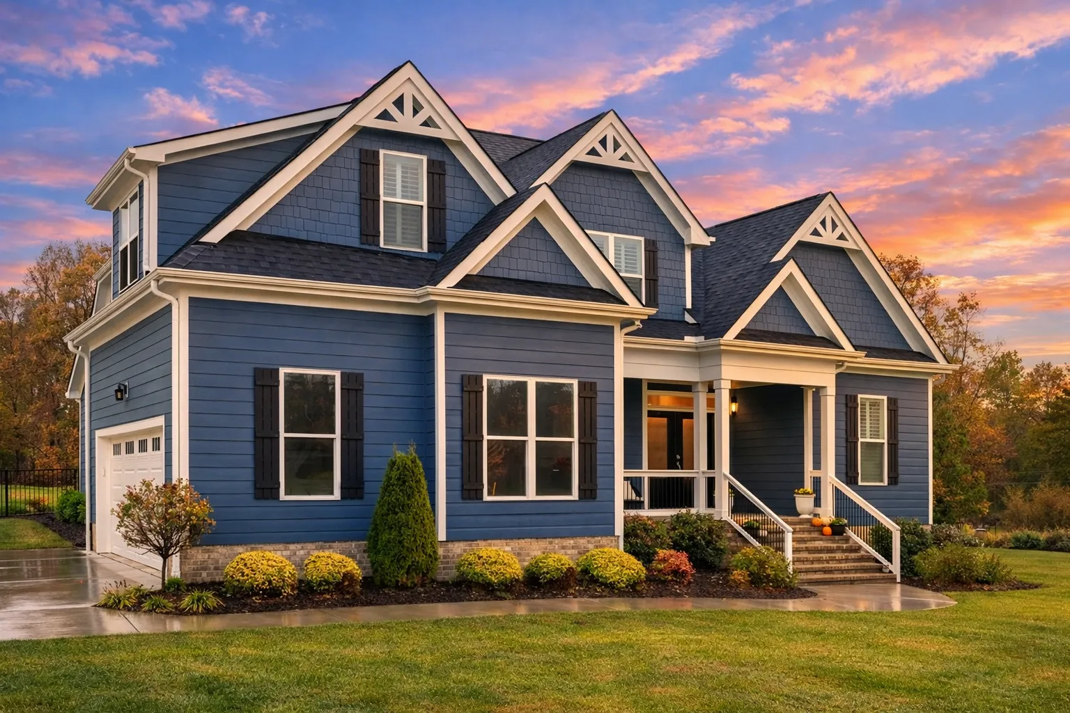 Front elevation of a modern farmhouse style home with board and batten siding, dark gabled roof, black shutters, and inviting front porch