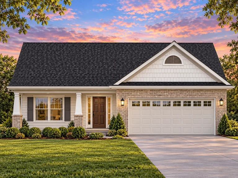 Coastal House Plans 9 Front elevation of a Traditional Ranch style home featuring white horizontal siding, black shutters, and a matching black garage door