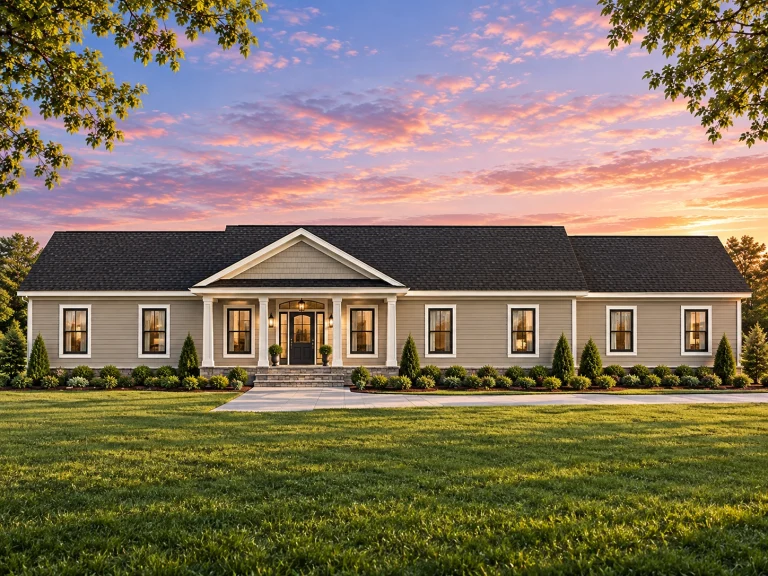 House Plans with Functional Layout 18 Front elevation of a Traditional Ranch Colonial style home featuring horizontal lap siding, shuttered windows, and a centered columned porch