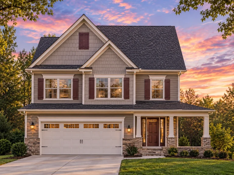 Front view of a Traditional Colonial style house featuring white horizontal siding, stone foundation accents, red shutters, and a welcoming covered entry porch