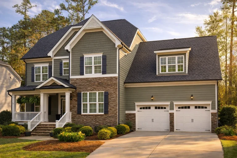 Front elevation of a New American Modern Traditional home featuring stone accents, horizontal siding, covered porch, and attached two-car garage