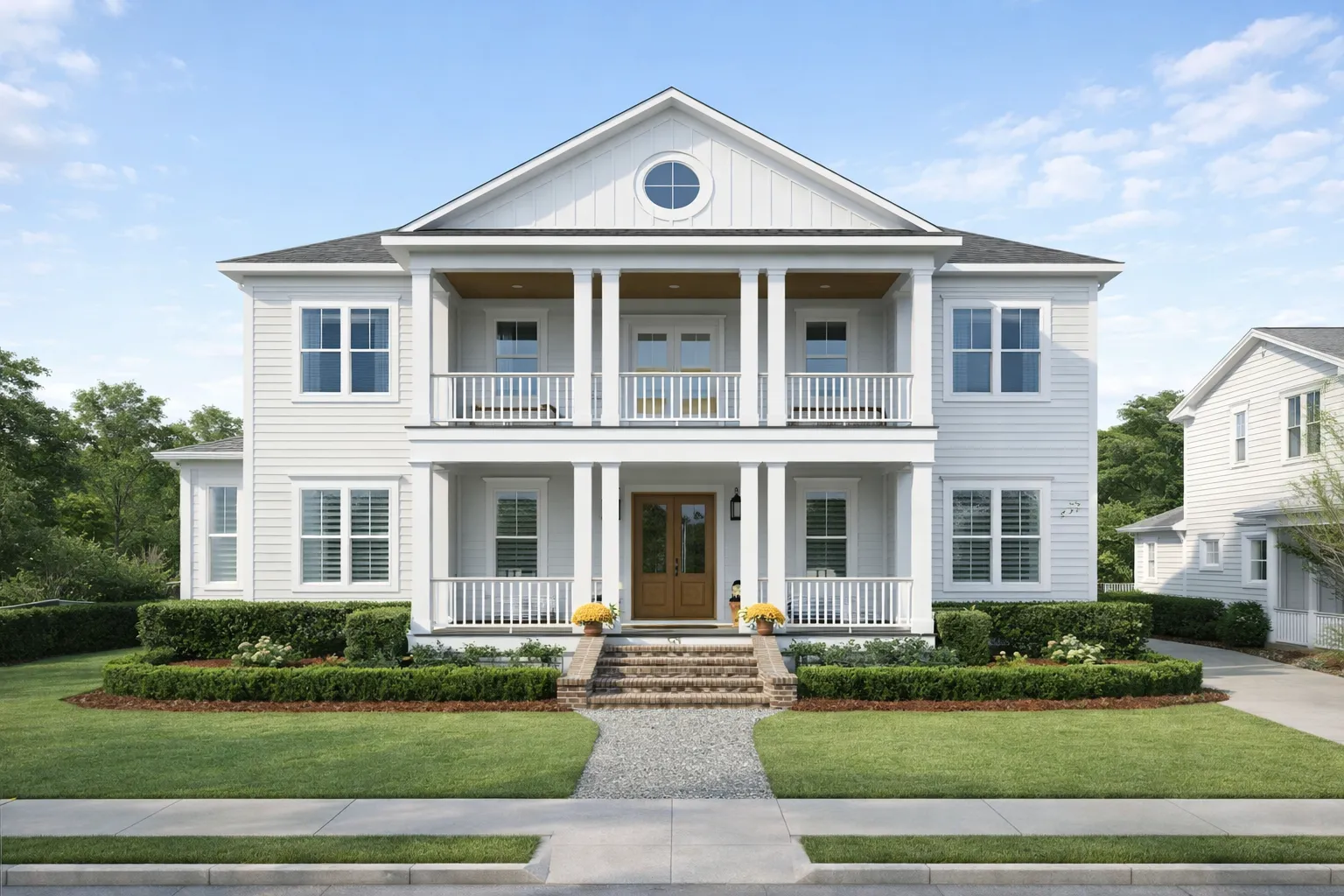 Open Porch House Plans 29 Front elevation of Low Country Charleston style home with symmetrical facade, double stacked porches, and coastal siding exterior