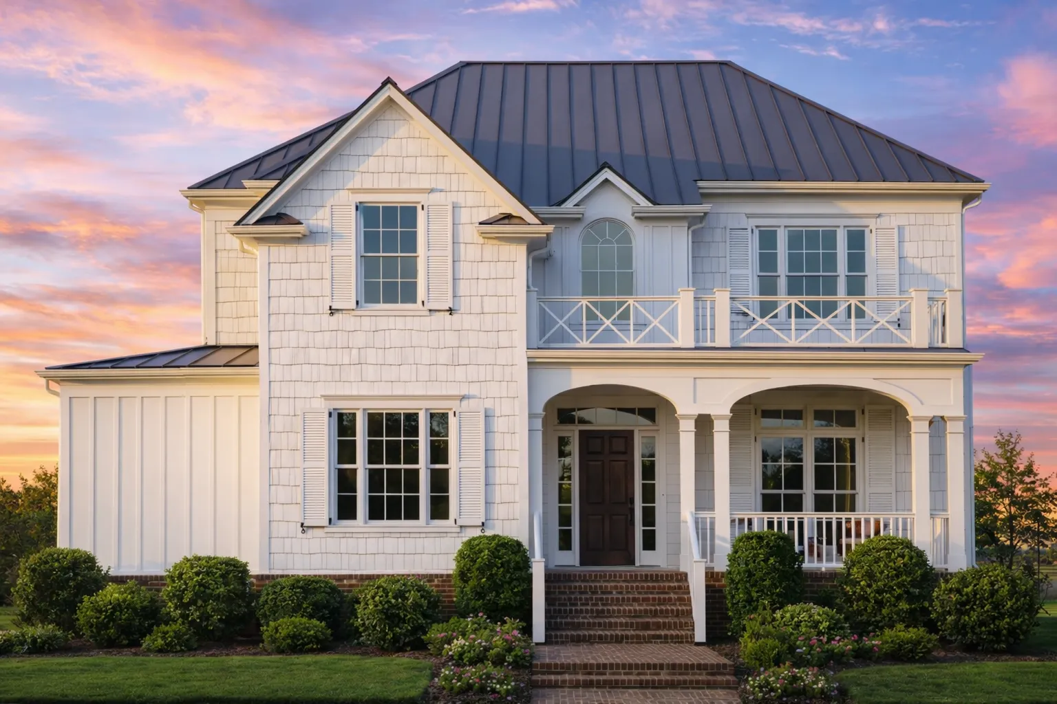 Front elevation of a Coastal Traditional shingle style house with white shingle siding, metal roof, covered porch, and second-story balcony