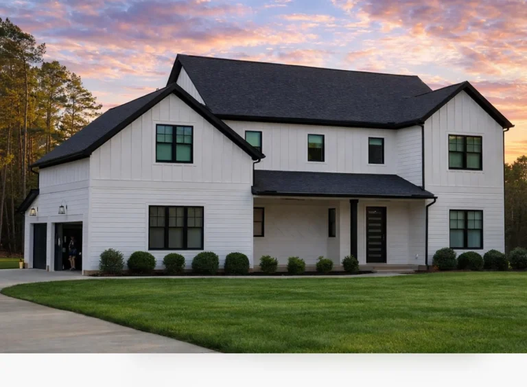 Front elevation of a Modern Farmhouse style home featuring board and batten siding, symmetrical windows, and a welcoming covered front porch