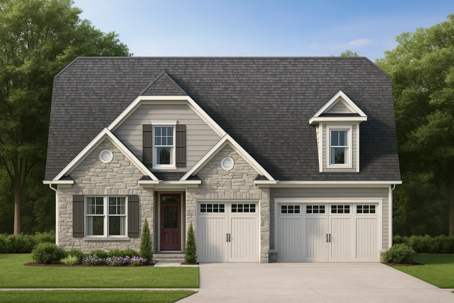 Front elevation of a Craftsman Cottage style home featuring stone accents, board-and-batten siding, warm wood garage doors, and classic architectural detailing