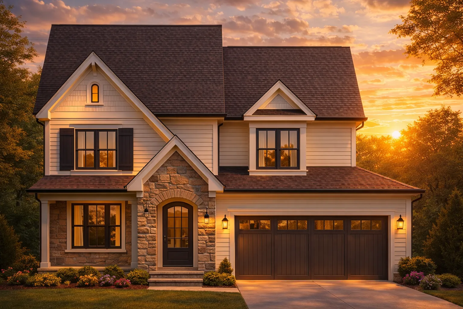 Front elevation of a New American Traditional style two-story home featuring stone accents, horizontal siding, and a welcoming covered entry