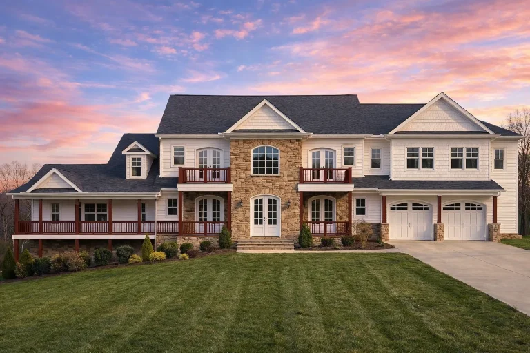 Front elevation of a New American Traditional style luxury home featuring stone accents, horizontal siding, balanced symmetry, and an attached three-car garage