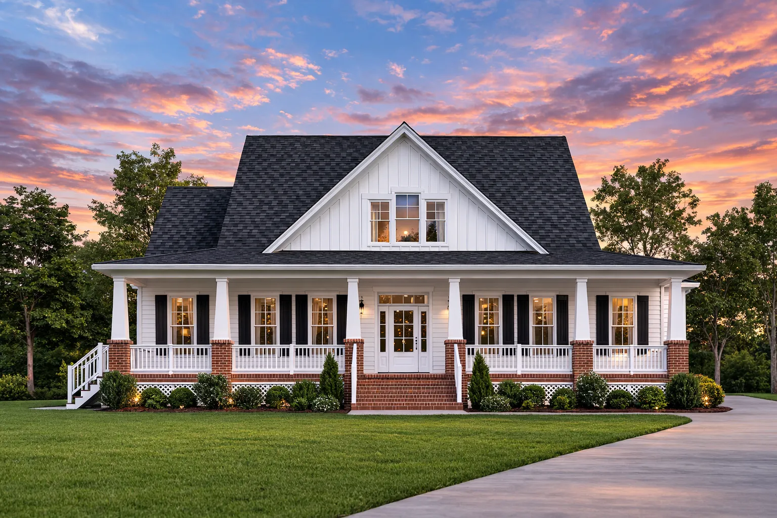 Front elevation of a Southern Farmhouse style home featuring board and batten siding, brick porch piers, and a wide covered front porch