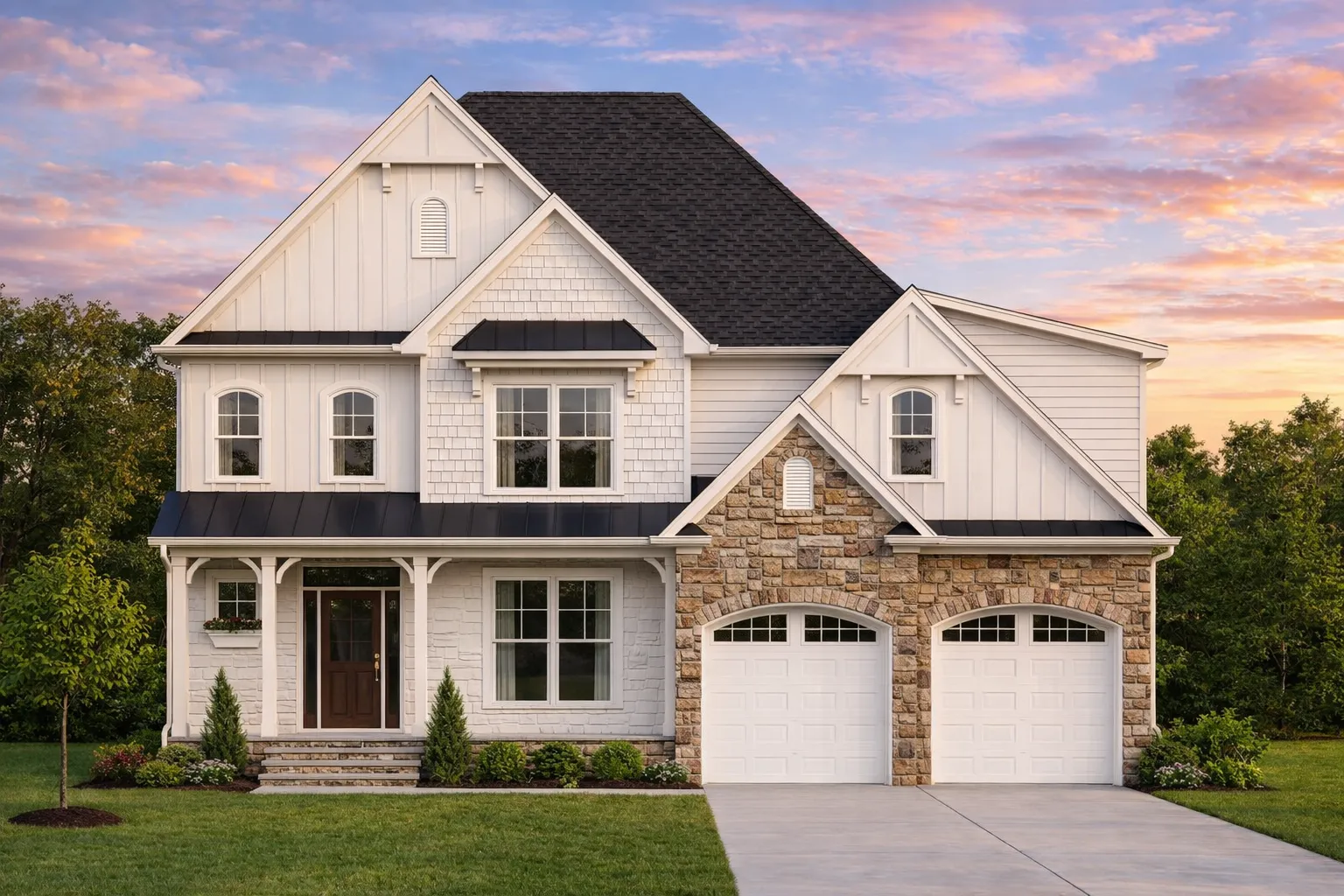 Front elevation of a New American style two-story house featuring board-and-batten siding, horizontal lap siding, stone veneer accents, and a symmetrical suburban design