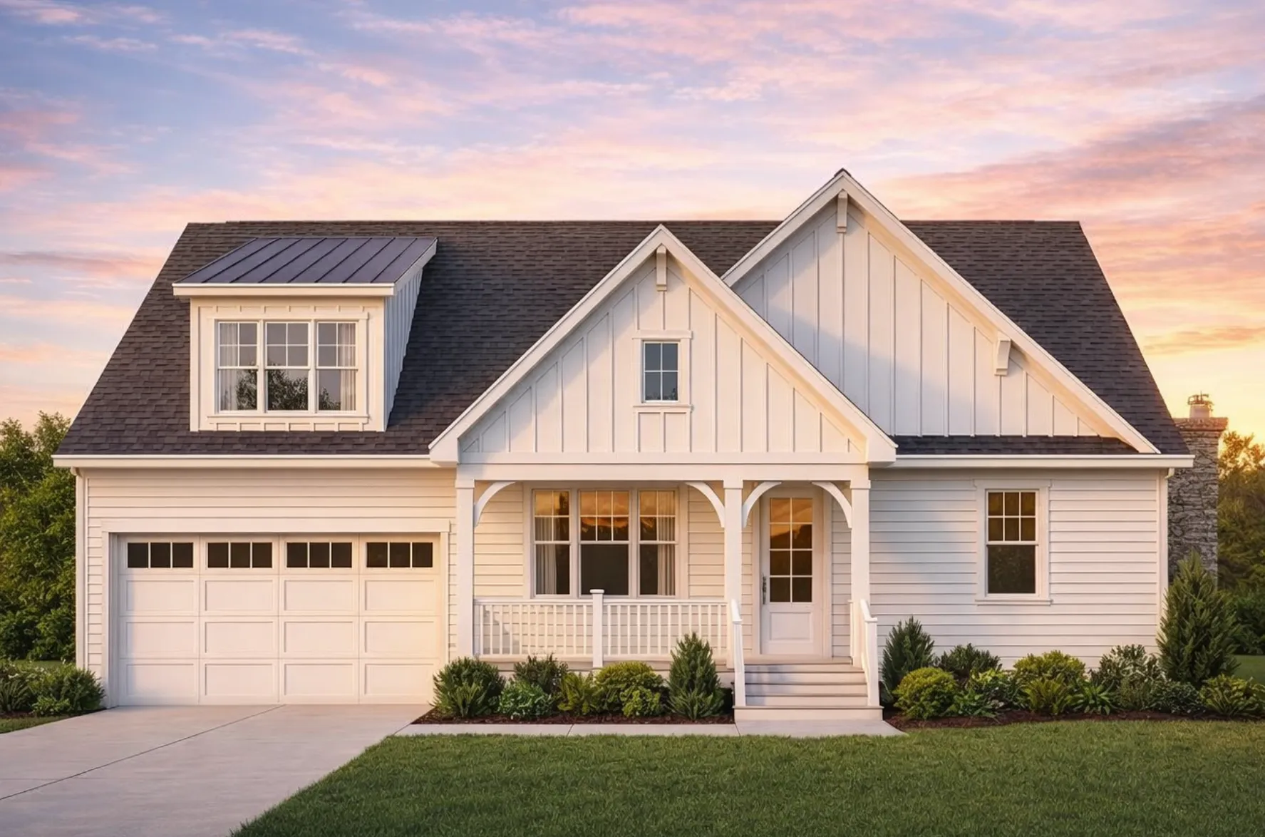 Front exterior view of a modern farmhouse style home with board and batten siding, metal roof accents, covered porch, and attached garage