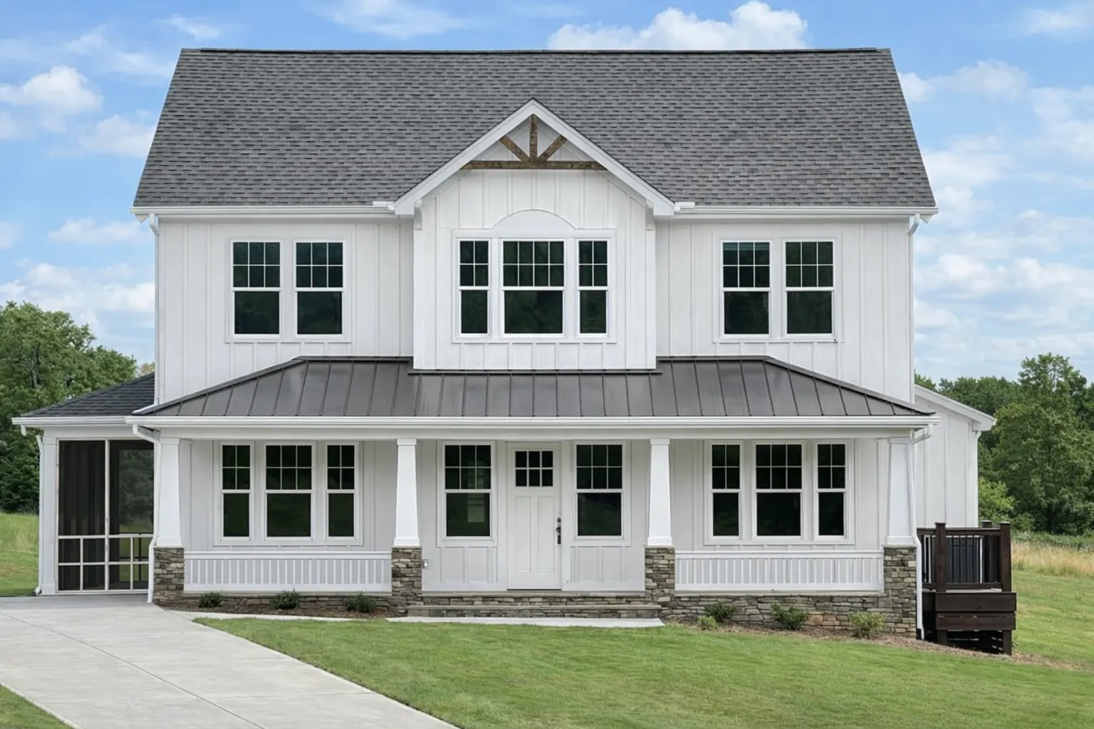 Front elevation of a Modern Farmhouse style home featuring board and batten siding, brick accents, covered porch, and symmetrical New American design