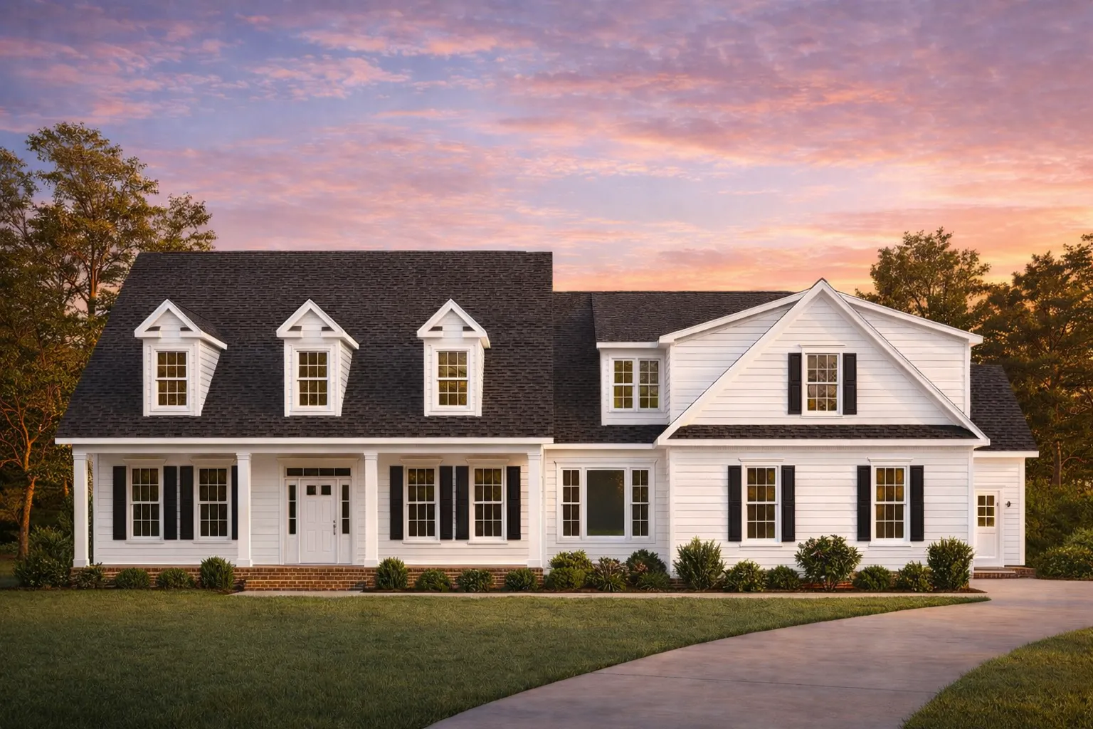 Front elevation of a Cape Cod Colonial style home with horizontal siding, dormer windows, and a welcoming covered porch
