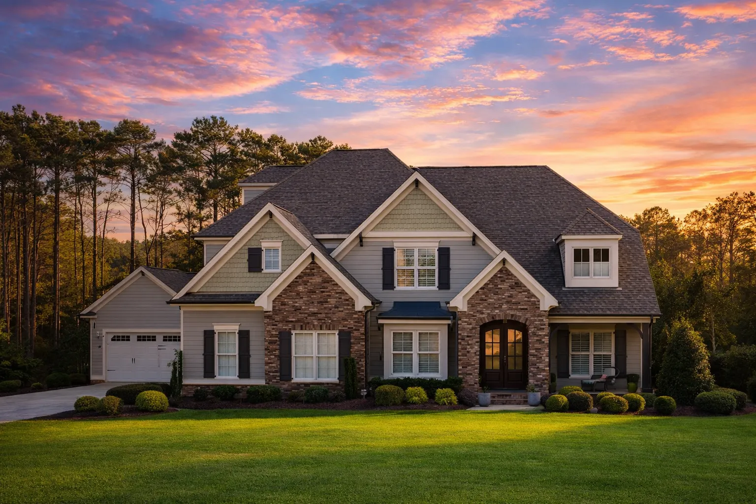 Front elevation of a New American Modern Traditional house featuring stone veneer, horizontal siding, gabled rooflines, and classic shutters