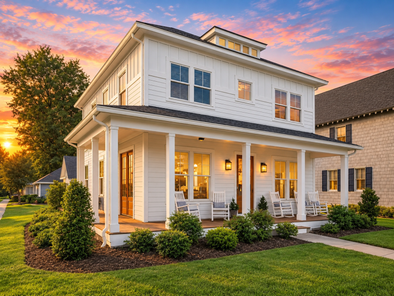 Front exterior of a Coastal Traditional Charleston style house featuring horizontal lap siding, a wide covered porch, and classic Southern architectural details