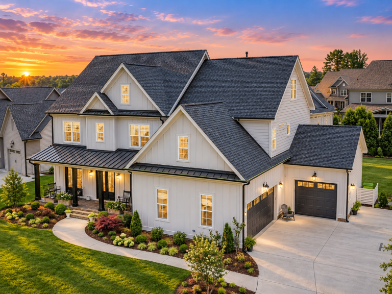 Front elevation of a modern farmhouse style home featuring board and batten siding, gabled rooflines, symmetrical windows, and a welcoming covered porch