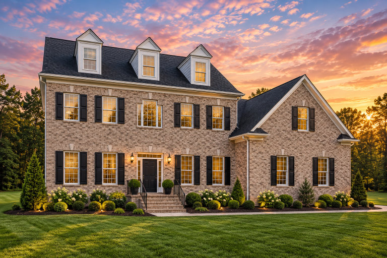 Front elevation of a Traditional Colonial style home with red brick exterior, black shutters, centered entry, and Georgian-inspired symmetry