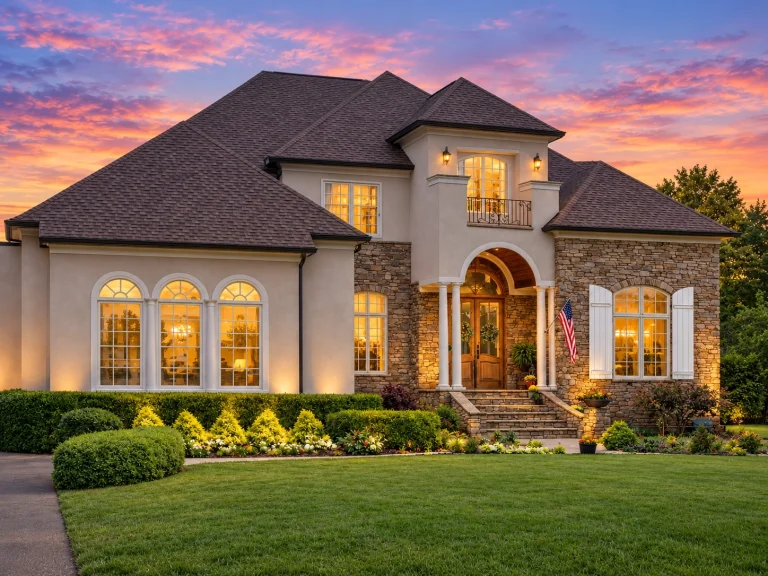 House Plans with Covered Back Porch 11 Front elevation of a Neoclassical Traditional style home with stone and stucco exterior, arched entry, symmetrical windows, and classic columns