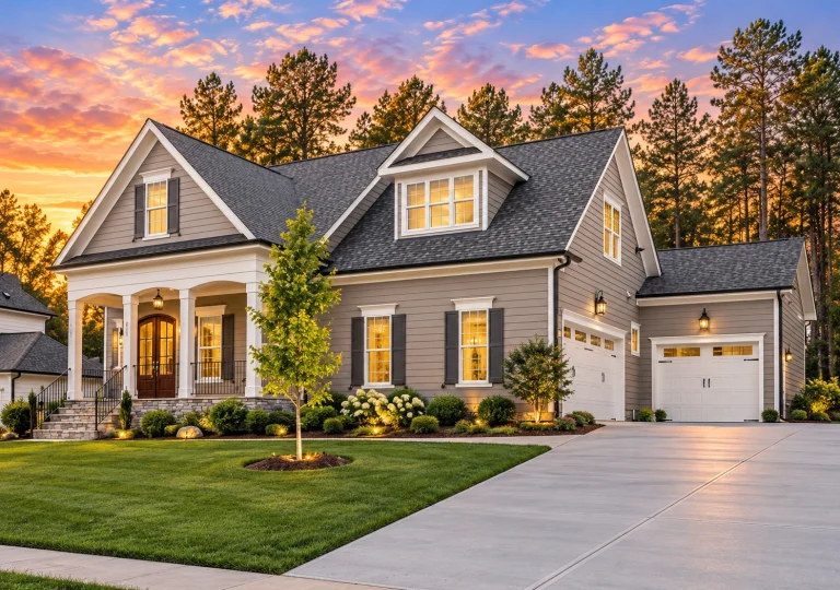 Front exterior of a New American Traditional style home with horizontal siding, board and batten accents, stone porch columns, gabled rooflines, and attached garage