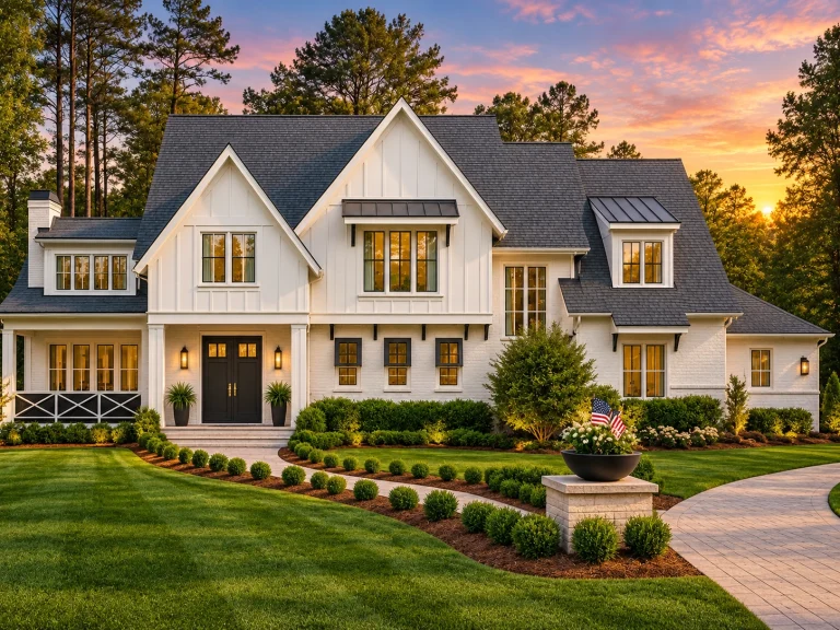 Front elevation of a New American style luxury home featuring board and batten siding, symmetrical façade, and classic Southern detailing